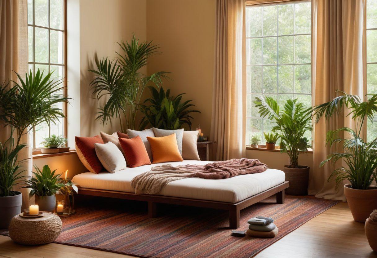 A serene spa setting featuring a person meditating amidst lush indoor plants, with grooming tools tastefully arranged nearby. Soft sunlight filters through sheer curtains, creating a calming atmosphere. Include elements of natural skincare products and a cozy reading nook in the background. super-realistic. vibrant colors. warm tones.