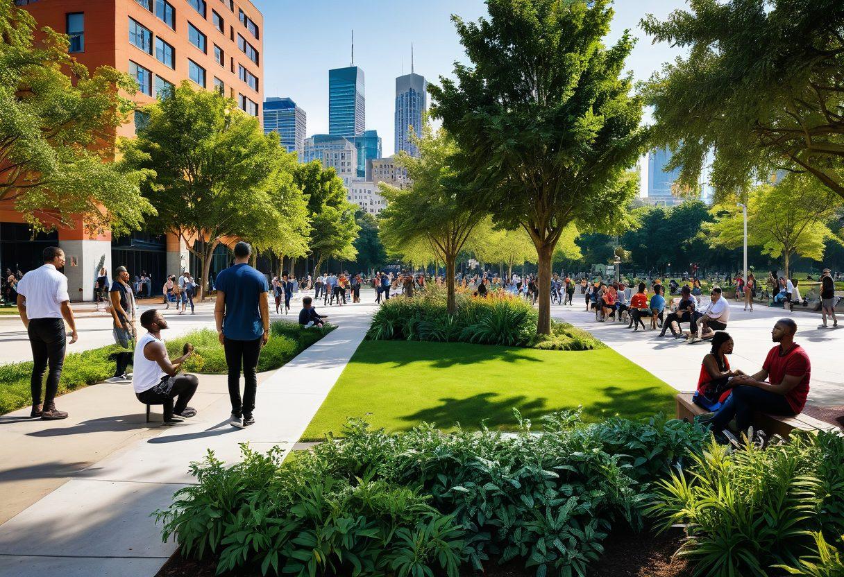 A diverse group of modern men in an urban park, engaged in various activities like discussing, exercising, and collaborating on art, showcasing their unique identities influenced by social trends. Surrounding them, vibrant murals and plants symbolize connectivity and growth within the community. The skyline of a bustling city in the background contrasts with the serene park setting. super-realistic. vibrant colors. urban setting.