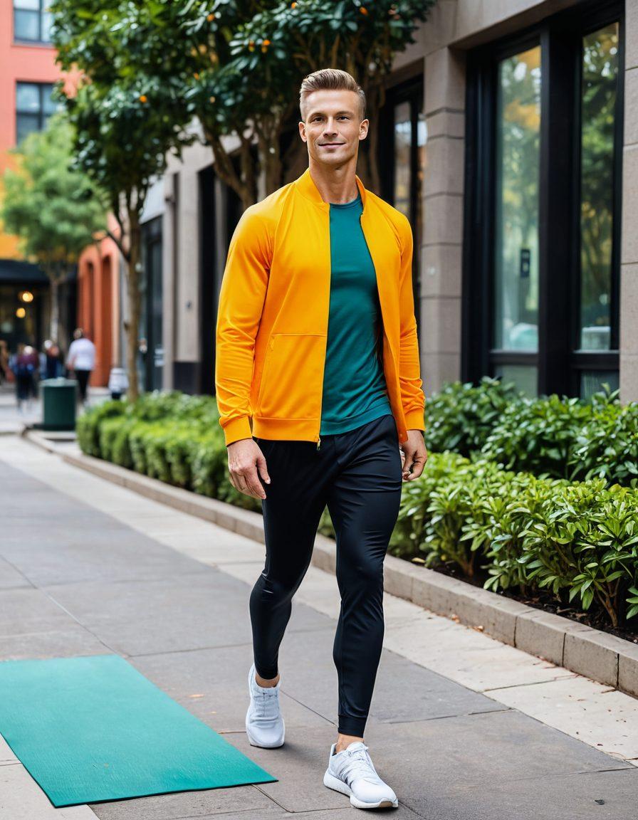 A modern man in stylish activewear, confidently walking through an urban setting, surrounded by elements of wellness like fresh fruits, yoga mats, and fitness gear. The background features a blend of nature and city life, emphasizing harmony and balance. The scene captures a sense of motivation and style, showcasing a vibrant lifestyle. super-realistic. vibrant colors. urban vibe.